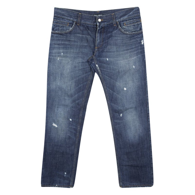 Pre Owned بنطلون جينز دولتشي أند غابانا قصة مستقيمة دنيم ممزق مغسول داكن إنديغو XL