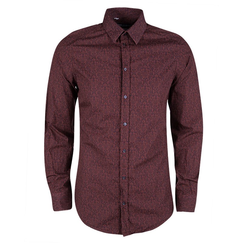 Pre Owned Dolce and Gabbana Gold Maroon Floral Printed Button Front Shirt M