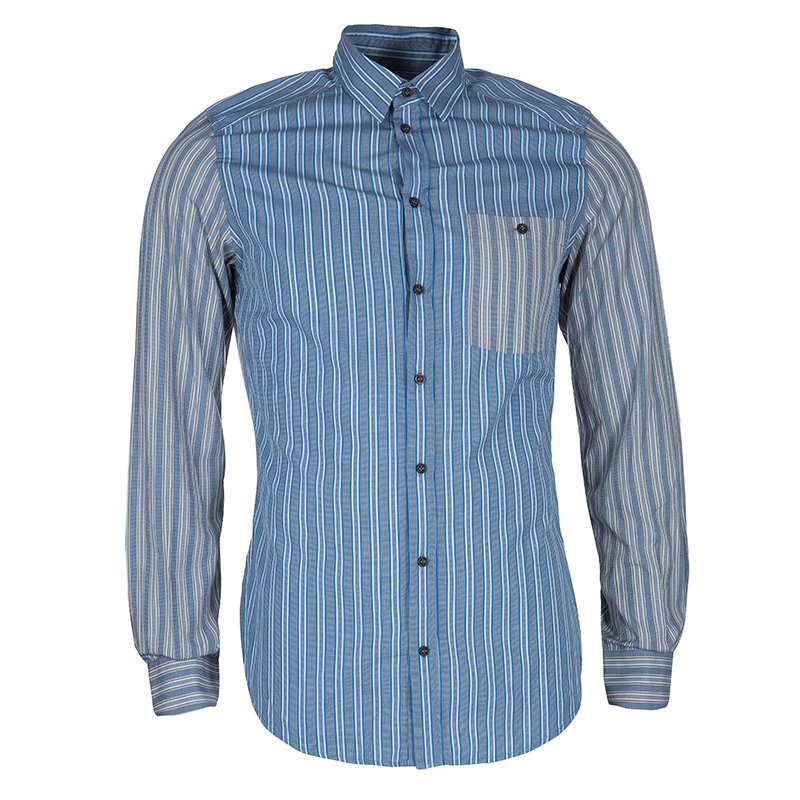 مملوكة مسبقًا قميص دولتشي أند غابانا مخطط رصاصي و أزرق رجالي M