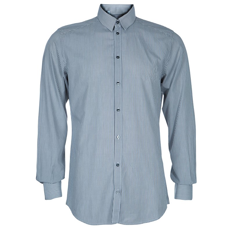 مملوكة مسبقًا Dolce and Gabbana Men's Gray and White Striped Men's Shirt M
