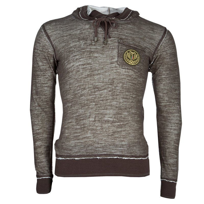 Pre Owned Dolce and Gabbana Khaki Logo Patch Detail Long Sleeve Fitted Hoodie S