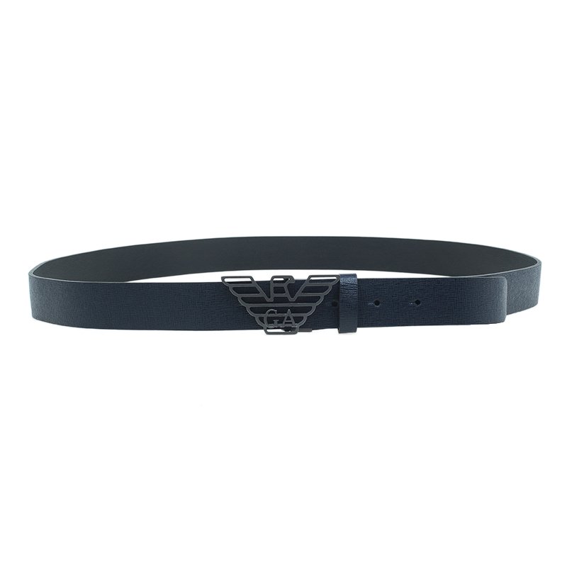 Emporio Armani Navy Blue Saffiano Leather Eagle Buckle One Size Belt 