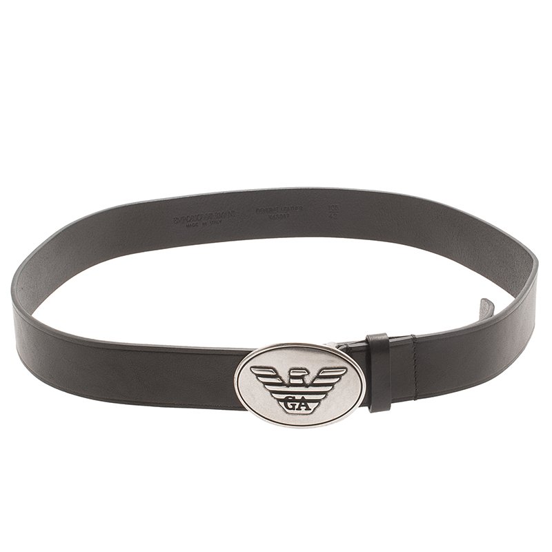 Pre Owned Emporio Armani Black Leather Logo Buckle Belt 105 CM