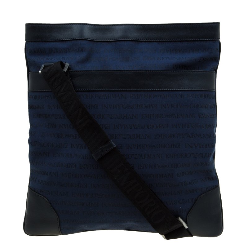 Emporio Armani Blue/Black Fabric and Leather Logoed Messenger Bag