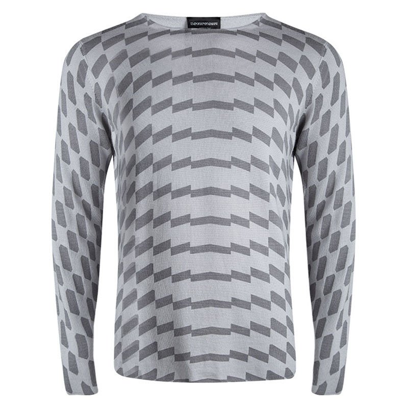 Pre Owned Emporio Armani Grey Wool Geometric Pattern Sweater XL