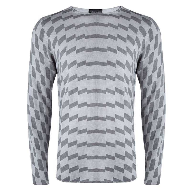 Pre Owned Emporio Armani Grey Wool Geometric Pattern Sweater L