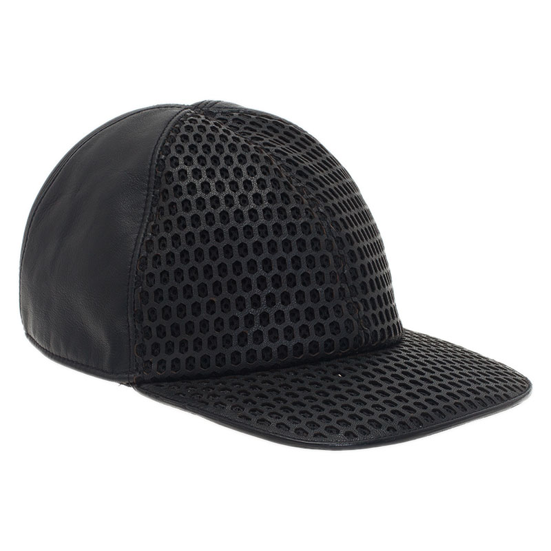Pre Owned Emporio Armani Black Leather Cutout Baseball Cap Size L