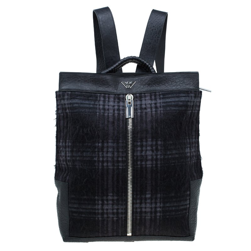 Pre Owned Emporio Armani Black Leather and Calf Hair Check Fash Backpack