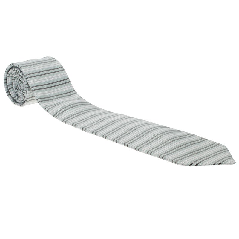 Pre Owned Ermenegildo Zegna Sea Green White and Brown Textured Striped Silk Tie