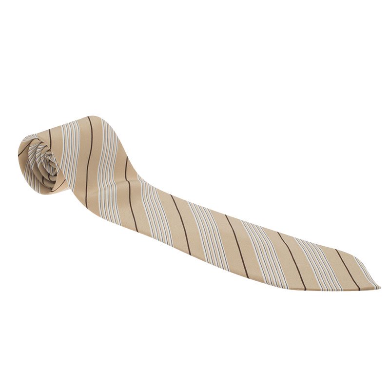 Ermenegildo Zegna Beige Brown and White Striped Silk Tie