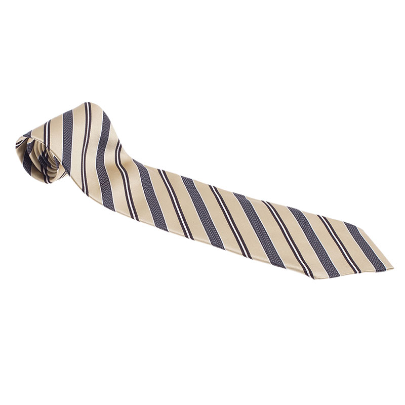 Ermenegildo Zegna Beige and Grey Silk Striped Tie