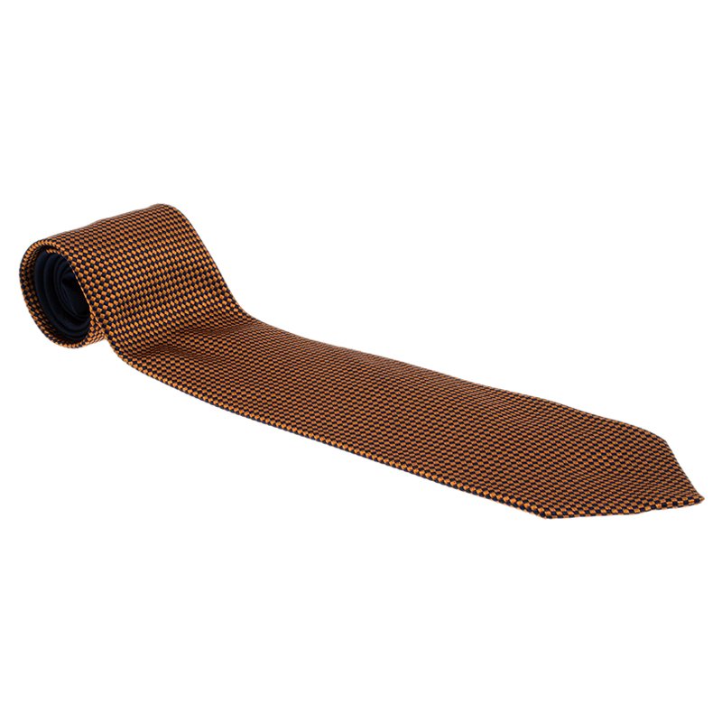 Pre Owned Ermenegildo Zegna Orange and Navy Blue Silk Diamond Print Tie