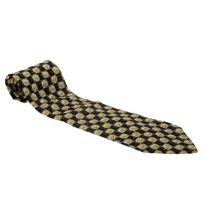 Pre Owned ربطة عنق ايرمنيجيلدو زينيا نقوش أزهار حرير أصفر وأسود 