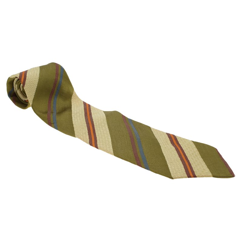 Pre Owned Ermenegildo Zegna Green, Brown and White Striped Silk Tie