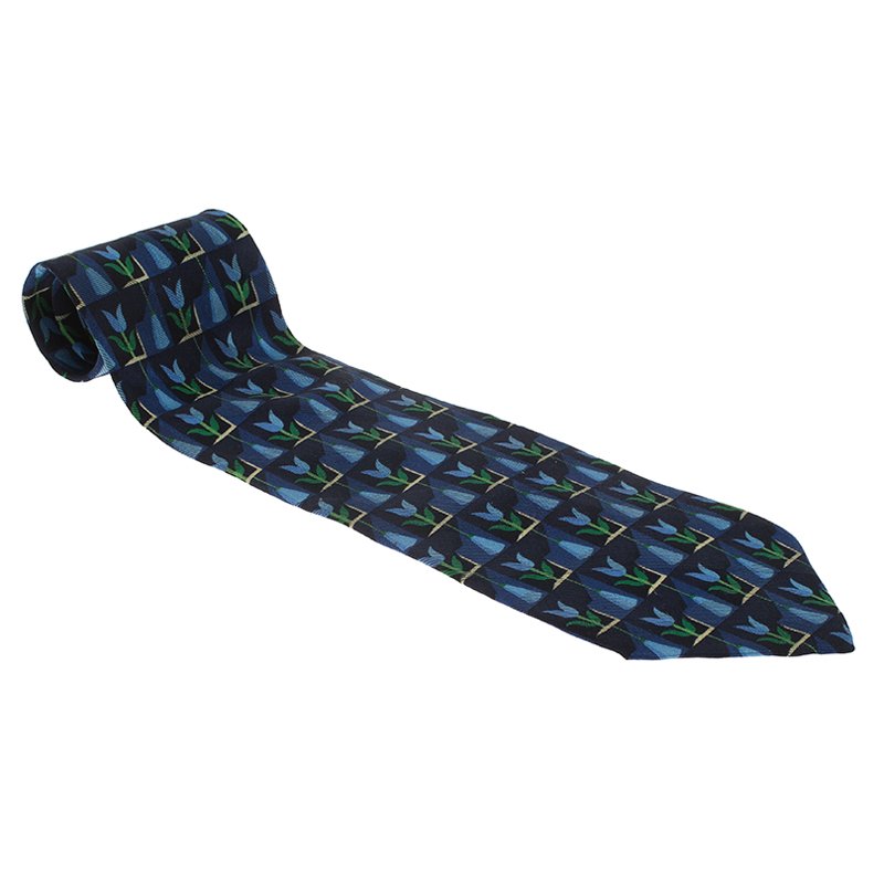 Pre Owned Ermenegildo Zegna Blue Flower Printed Silk Tie