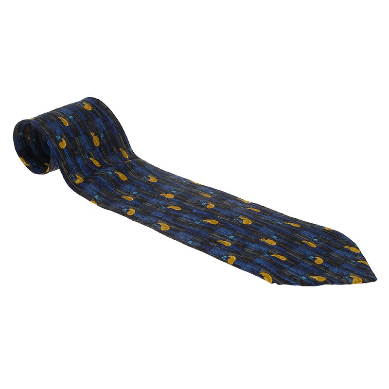 Pre Owned Ermenegildo Zegna Dark Blue Printed Silk Tie
