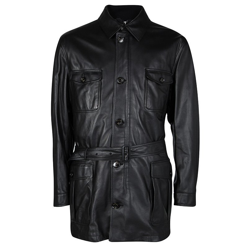 Pre Owned Ermenegildo Zegna Black Lambskin Leather Belted Jacket and Vest Set 6XL