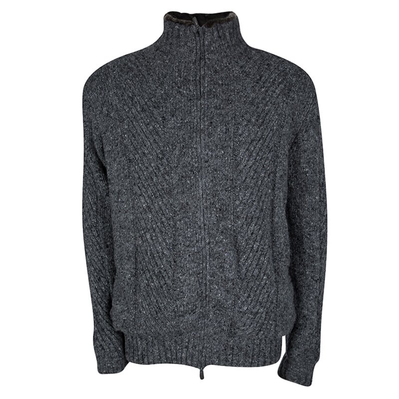 Pre Owned Ermenegildo Zegna Grey Cashmere and Mink Zip Front Jacket 5XL