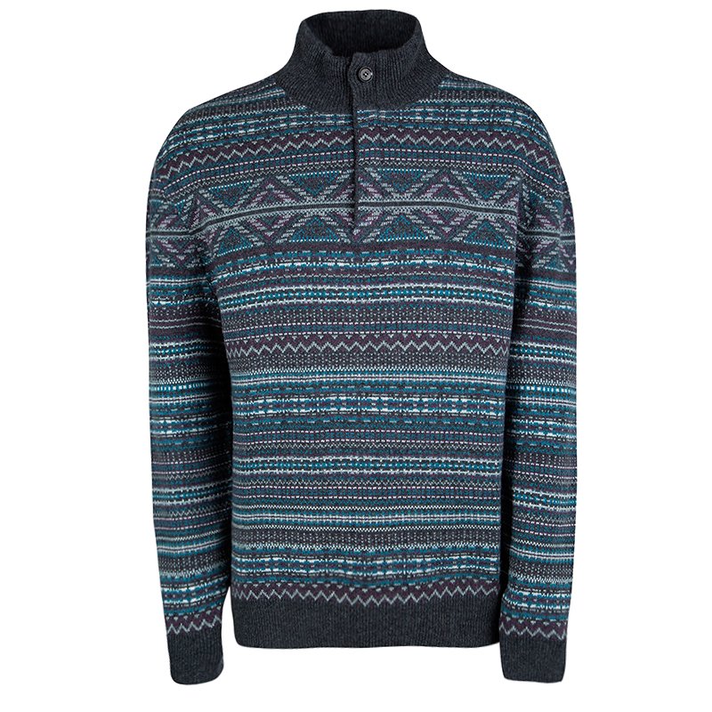 Ermenegildo Zegna Premium Cashmere Grey Patterned Zip Detail Sweater 4XL