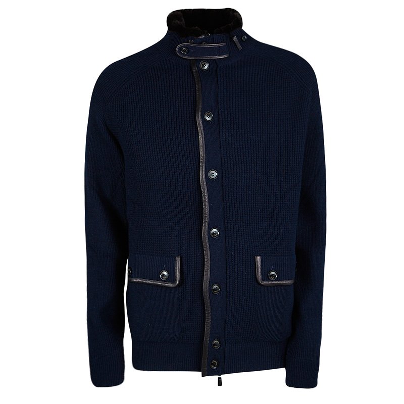 Ermenegildo Zegna Navy Blue Chunky Knit Leather Trim Fur Collar Jacket ...