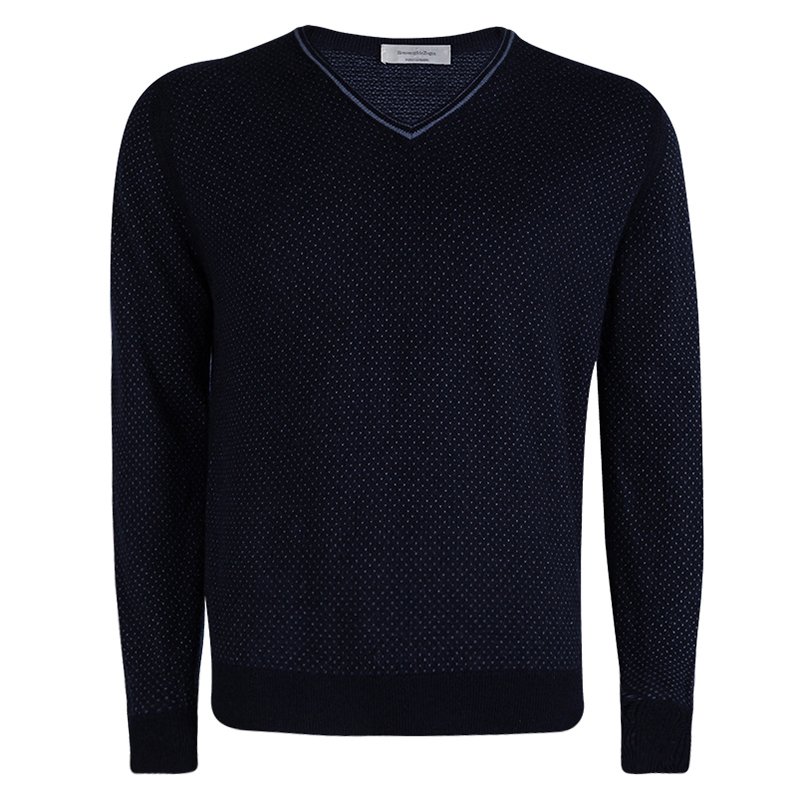 Pre Owned Ermenegildo Zegna Navy Blue Cashmere V-Neck Sweater XL
