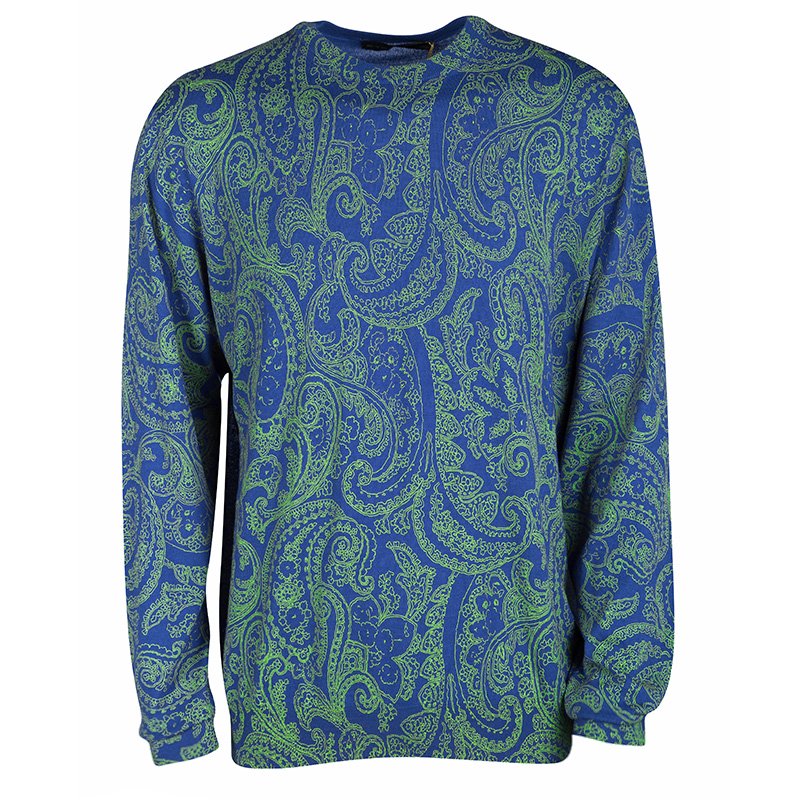 Pre Owned Etro Blue Wool Contrast Print Crew Neck Sweater 2XL