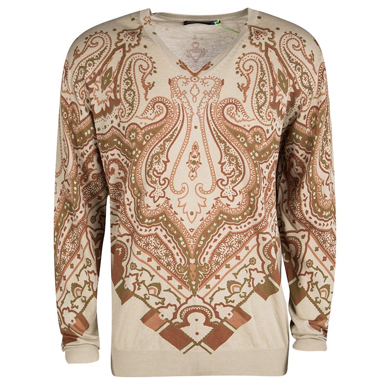 Pre Owned Etro Beige Paisley Print V-Neck Sweater XL