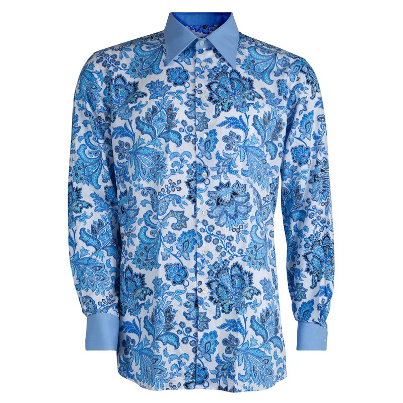 مملوكة مسبقًا Etro Blue Floral Printed Long Sleeve Button Front Linen Shirt L