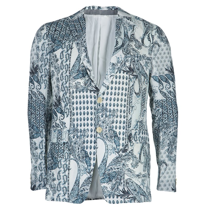 Pre Owned Etro White Printed Linen Blazer L