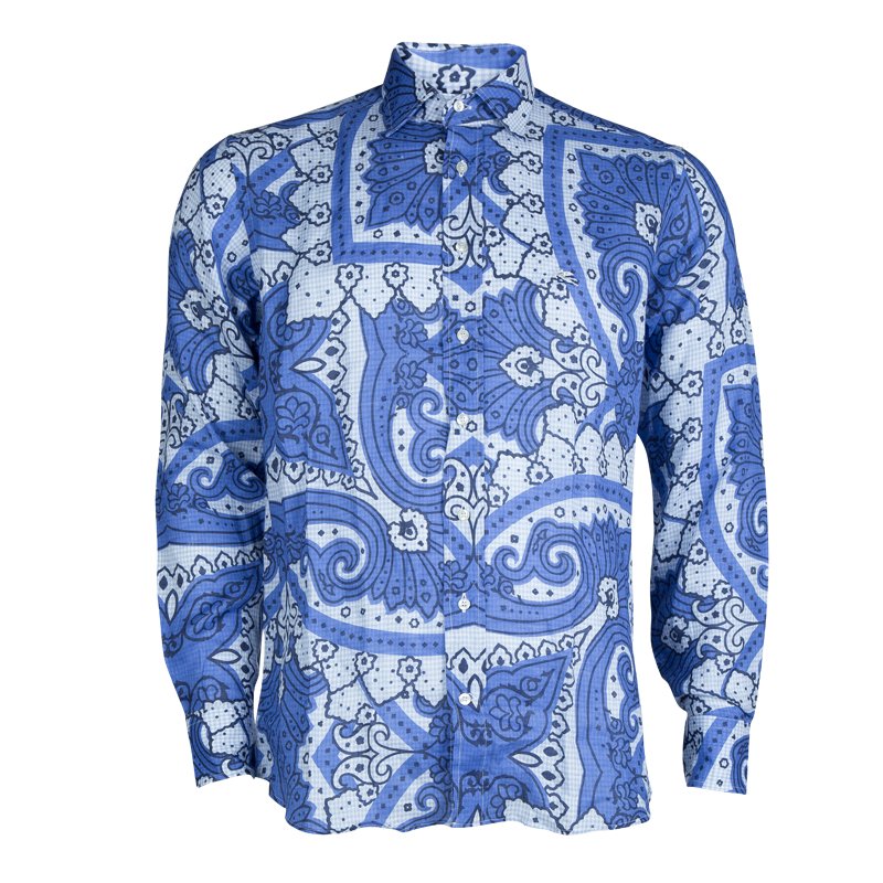 Pre Owned قميص إيترو كم طويل أزرار أمامية بنقوش أزهار كتان أزرق M