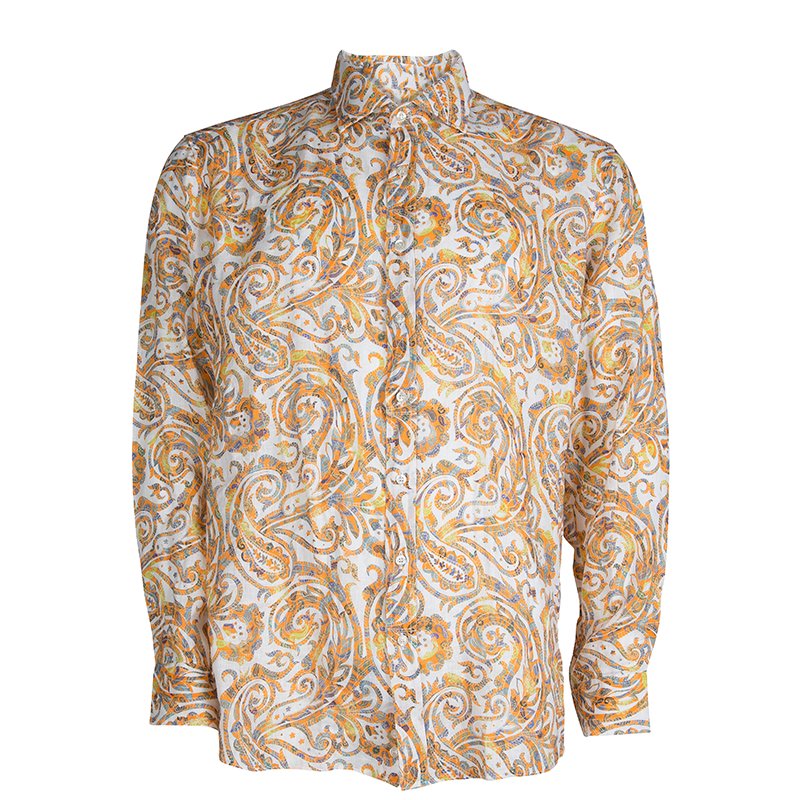 Pre Owned قميص إيترو كتان برتقالي مطبوع بيزلي بأكمام طويلة وأزرار أمامية XL