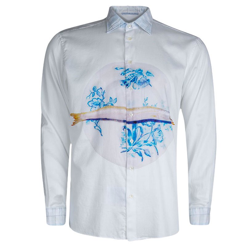 Pre Owned Etro White Fish Print Embriodered Long Sleeve Button Front Cotton Shirt L