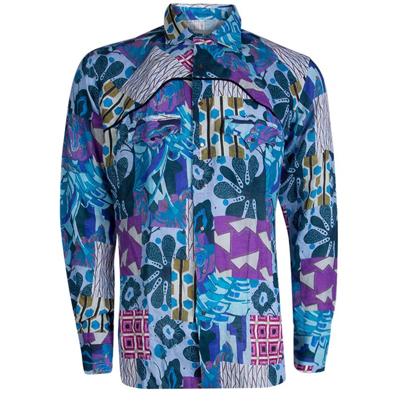 مملوكة مسبقًا قميص إيترو كتان مطبوع متعدد الألوان بأكمام طويلة وأزرار أمامية XL