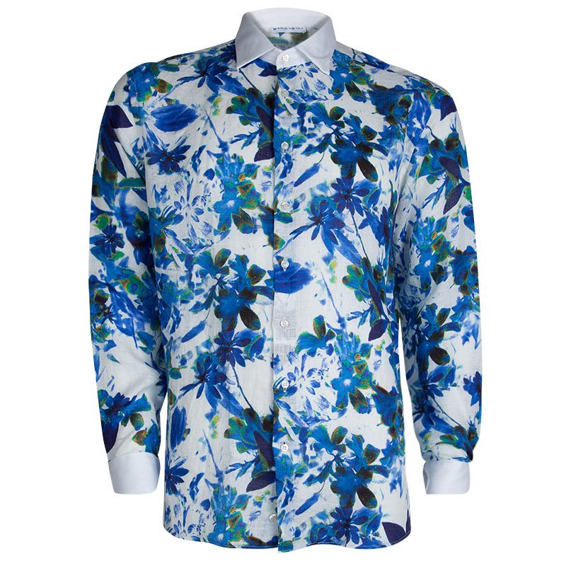 Pre Owned Etro Blue Floral Printed Long Sleeve Button Front Linen Shirt L