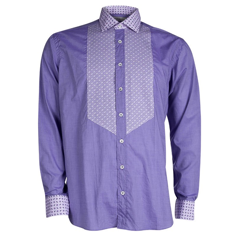 Pre Owned Etro Purple Contrast Printed Panel Long Sleeve Button Front Shirt L