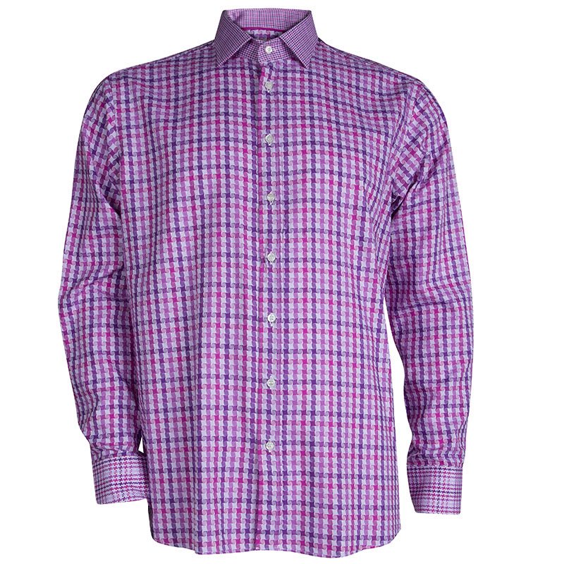 Pre Owned Etro Two Tone Geometric Weave Long Sleeve Button Front Cotton Shirt L