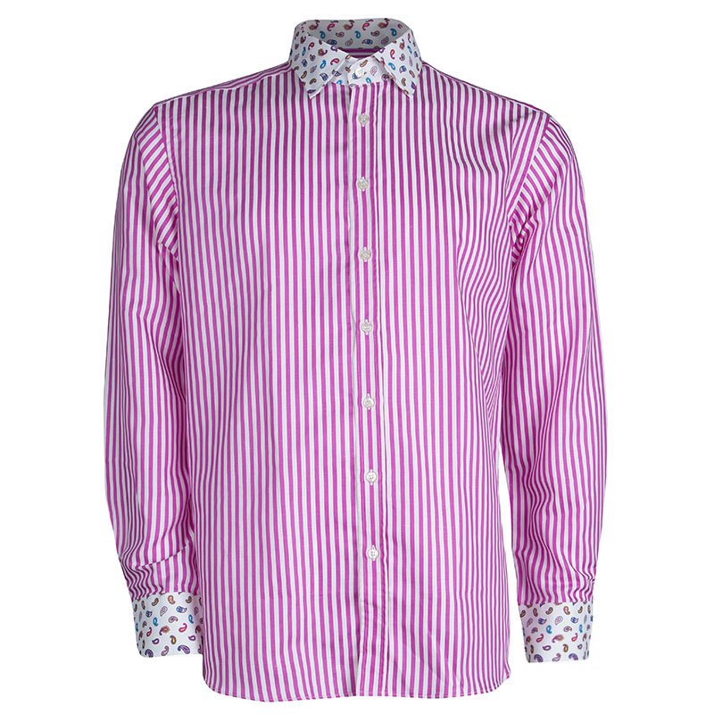 Pre Owned Etro Pink Striped Contrast Collar Detail Long Sleeve Button Down Shirt L 