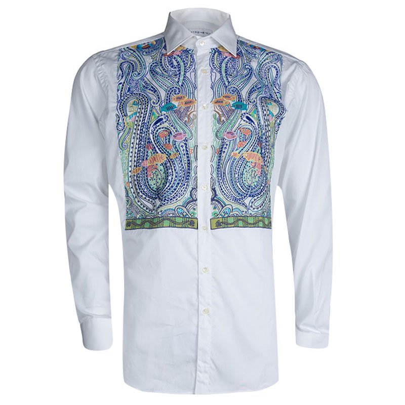 Pre Owned قميص إيترو كم طويل أزرار أمامية قطاع مطرز قطن أبيض L