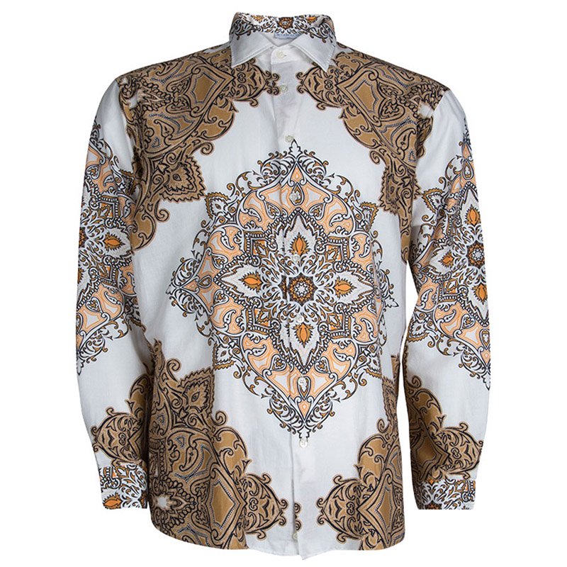 مملوكة مسبقًا Etro Brown and White Printed Long Sleeve Buttondown Cotton Shirt XL
