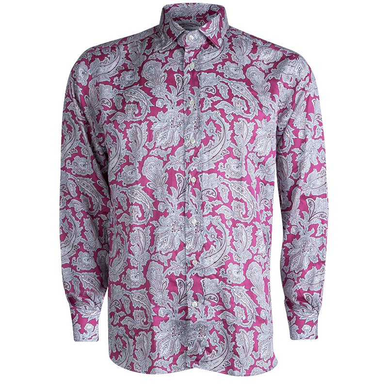 مملوكة مسبقًا Etro Pink Paisley Printed Cotton Long Sleeve Button Front Shirt L