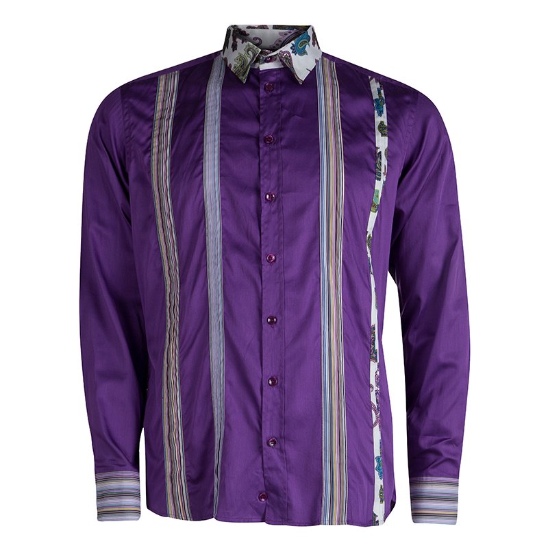 Pre Owned Etro Purple Pleat Detail Long Sleeve Button Front Cotton Shirt M