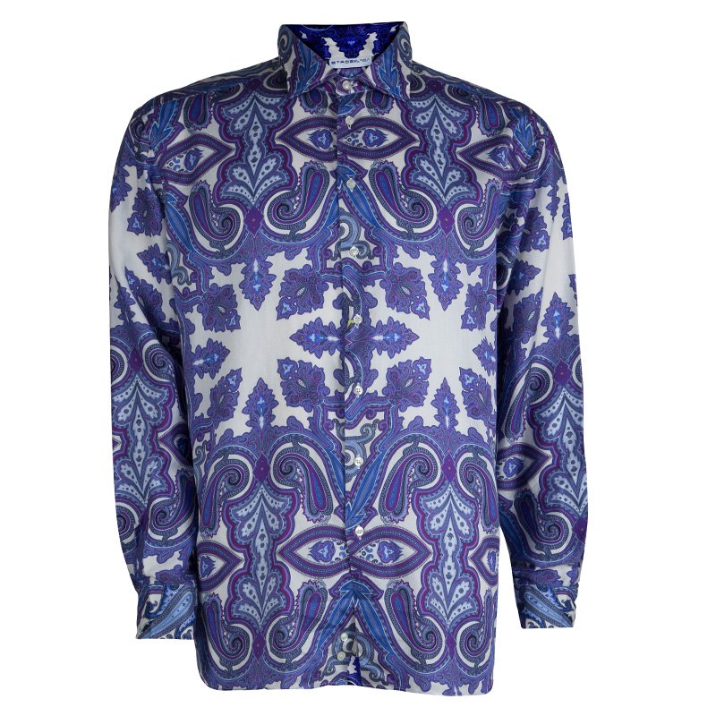مملوكة مسبقًا قميص إيترو كم طويل وأزرار أمامية نقوش بيزلي قطن بنفسجي 2XL