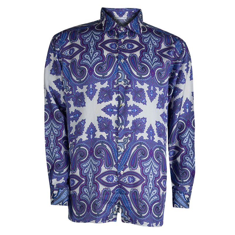 مملوكة مسبقًا Etro Purple Paisley Printed Cotton Long Sleeve Button Front Shirt L