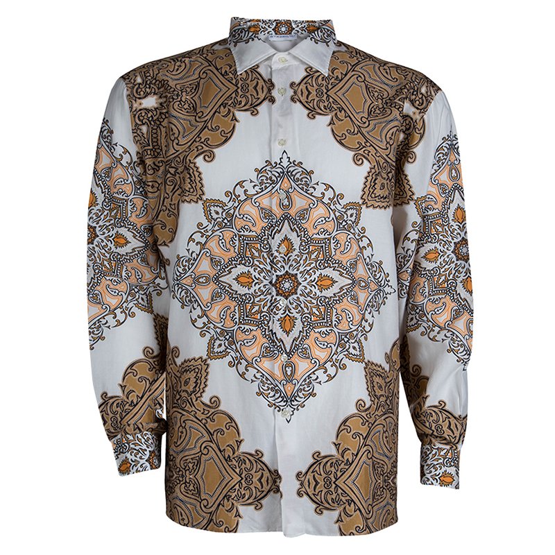 Pre Owned قميص إيترو  بأزرار أمامية وأكمام طويلة قطن نقش أبيض وبني XXL