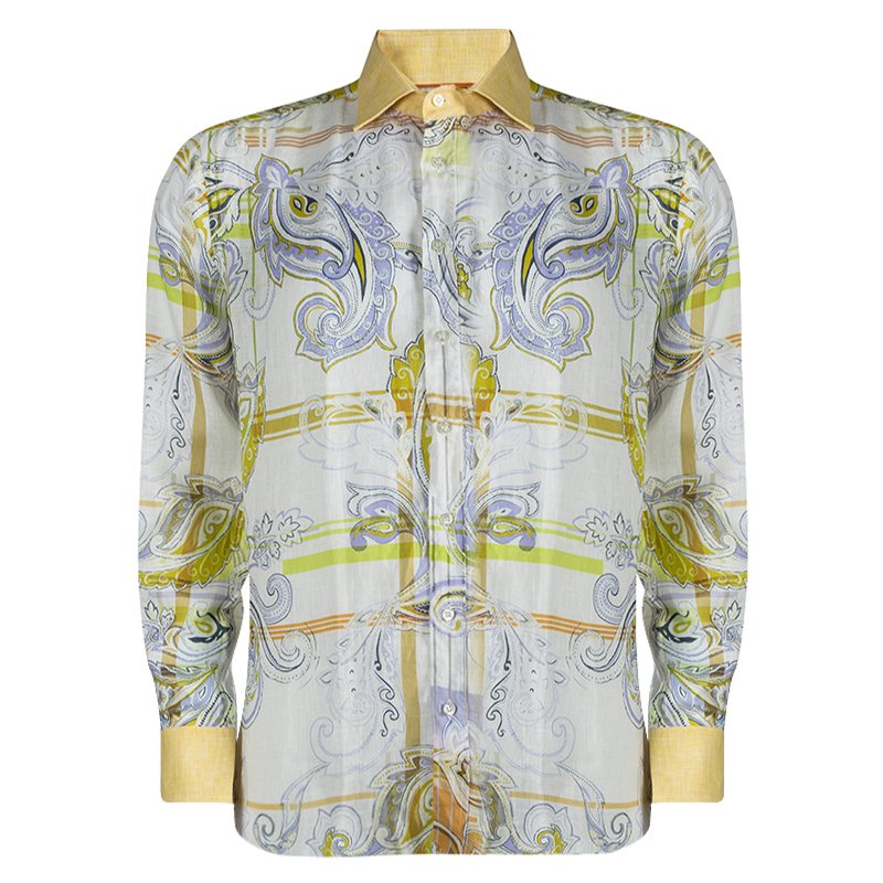 Pre Owned Etro Floral Printed Linen Contrast Collar Button Front Shirt L