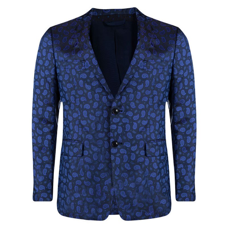 Pre Owned Etro Blue Paisley Motif Jacquard Silk Blazer M
