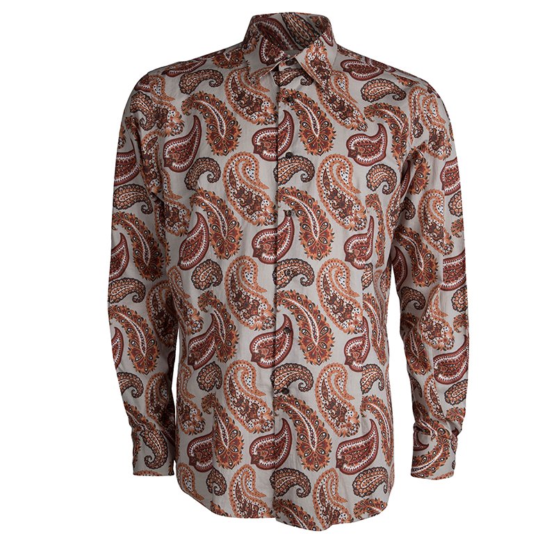 Pre Owned قميص إيترو بأزرار أمامية وأكمام طويلة قطن بنقوش البايزلي بيج L