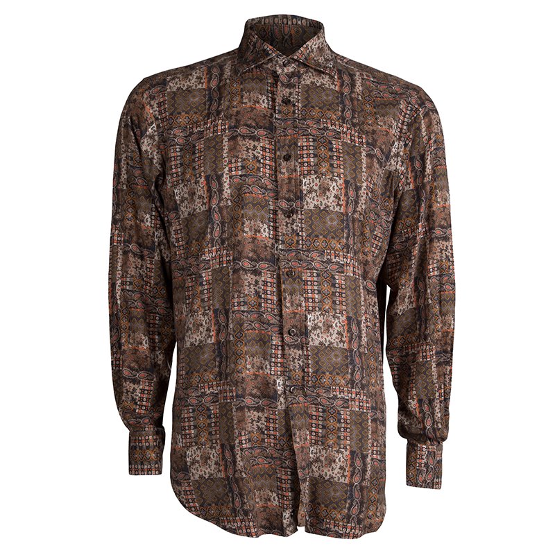 مملوكة مسبقًا Etro Brown Printed Long Sleeve Button Front Shirt L
