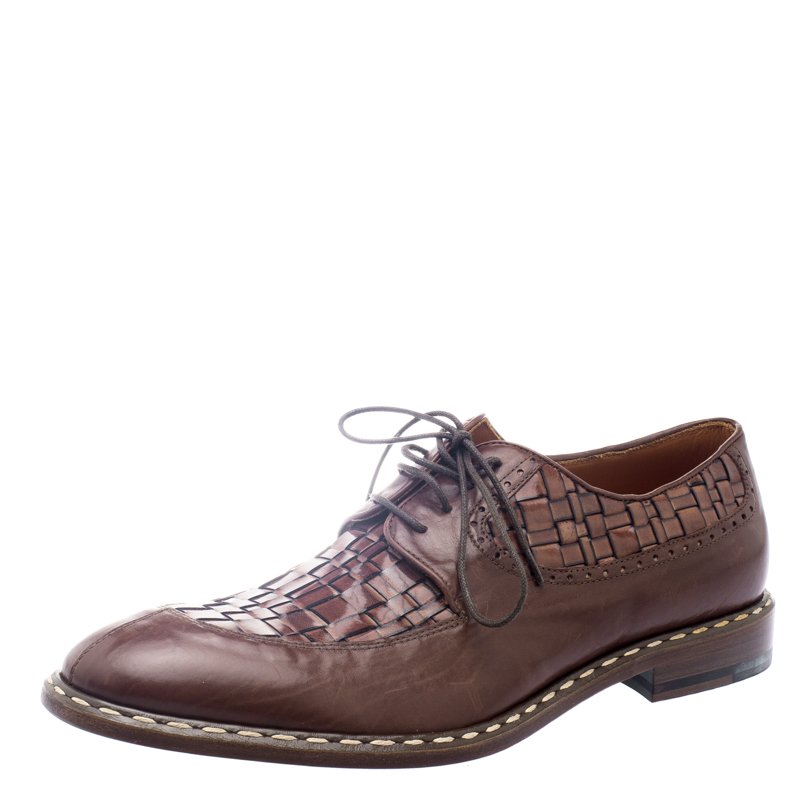 Pre Owned Etro Brown Leather Woven Detail Oxfords Size 41