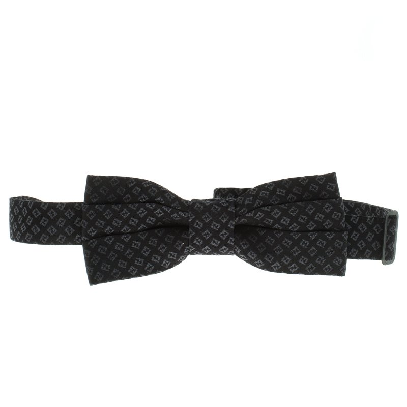 Fendi Black Zucca Print Silk Pleated Narrow Bow Tie
